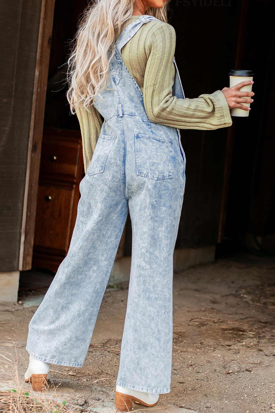 Retro Solid Denim Jumpsuits Blue · M