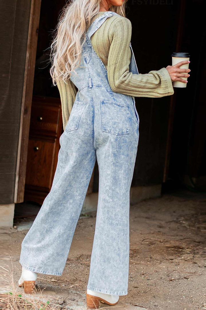 Retro Solid Denim Jumpsuits Blue · M