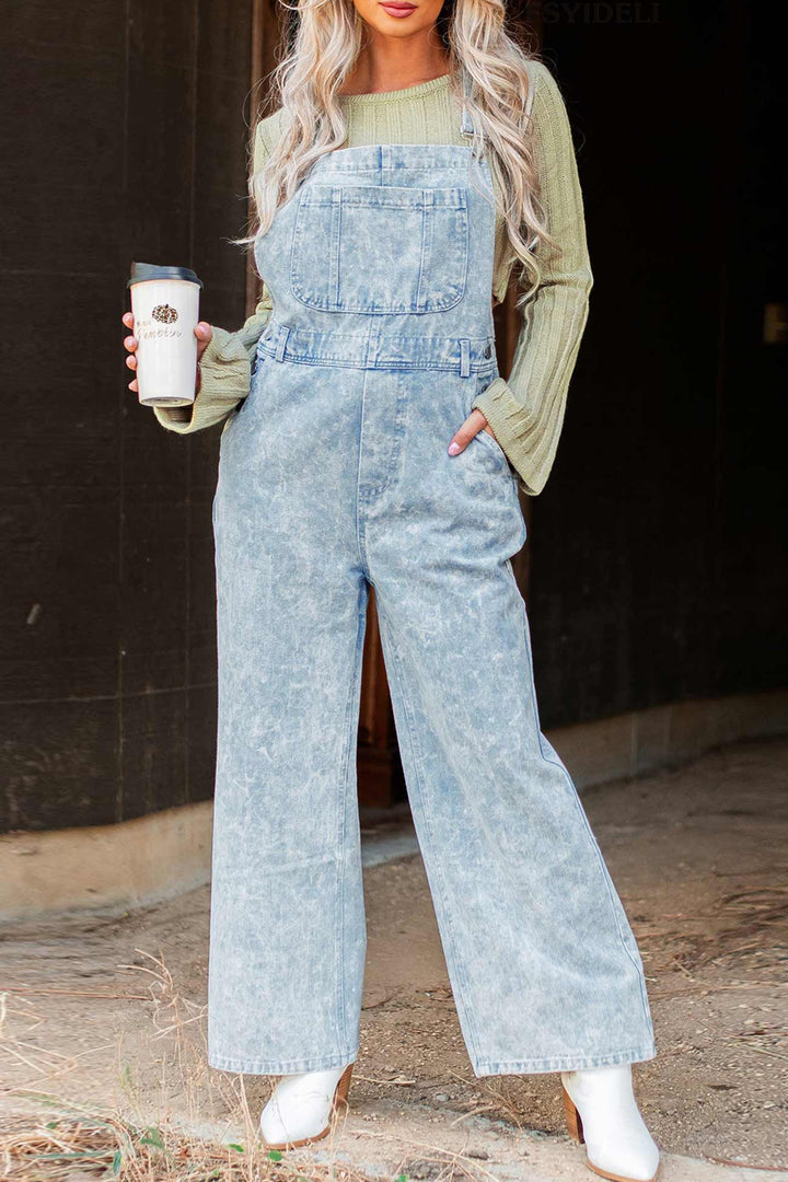 Retro Solid Denim Jumpsuits Blue · S
