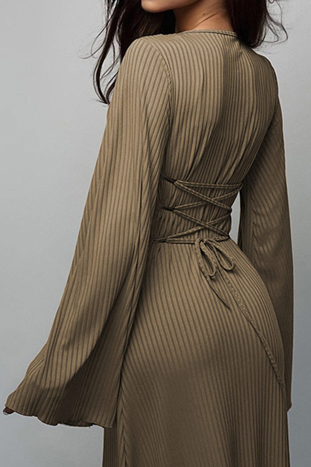 Ribbed Flares Sleeve Tie-back Dress Khaki · M