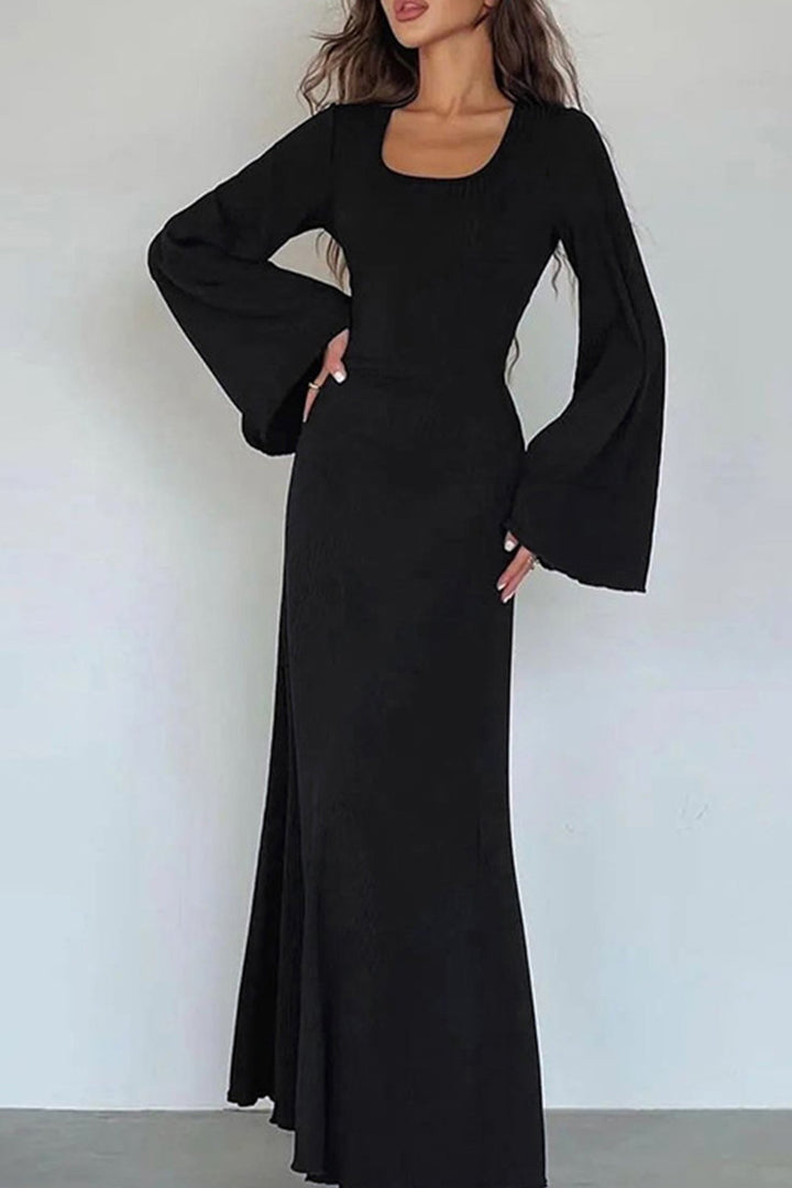 Ribbed Flares Sleeve Tie-back Dress Khaki · L