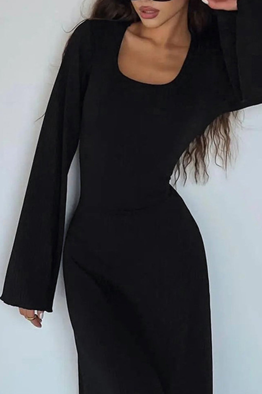 Ribbed Flares Sleeve Tie-back Dress Black · S