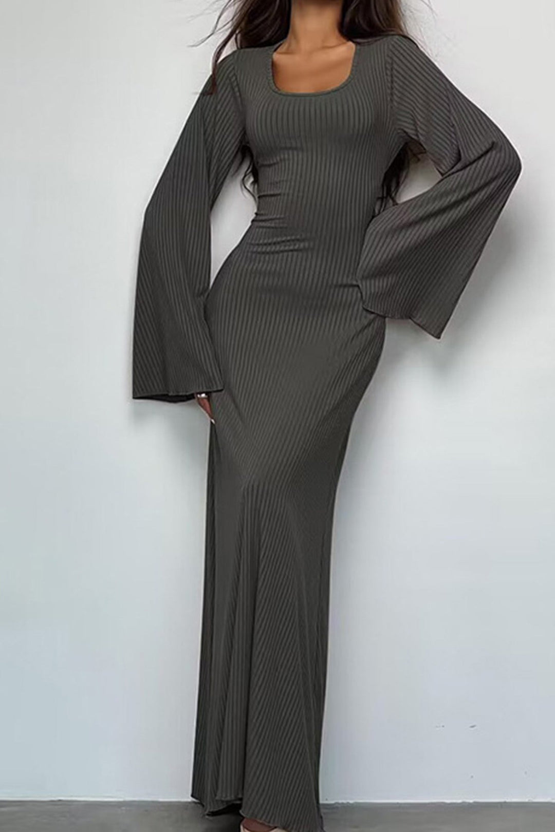 Ribbed Flares Sleeve Tie-back Dress Black · L