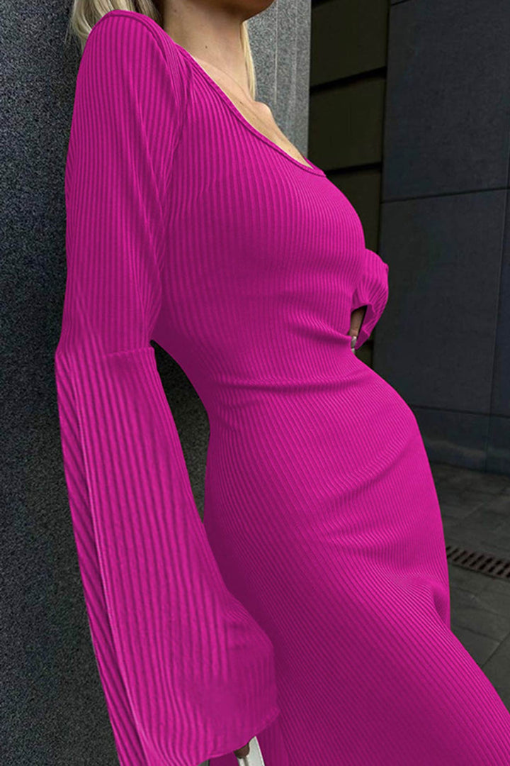 Ribbed Flares Sleeve Tie-back Dress Rose · S