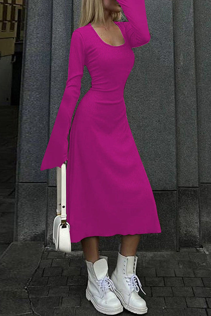 Ribbed Flares Sleeve Tie-back Dress Rose · L