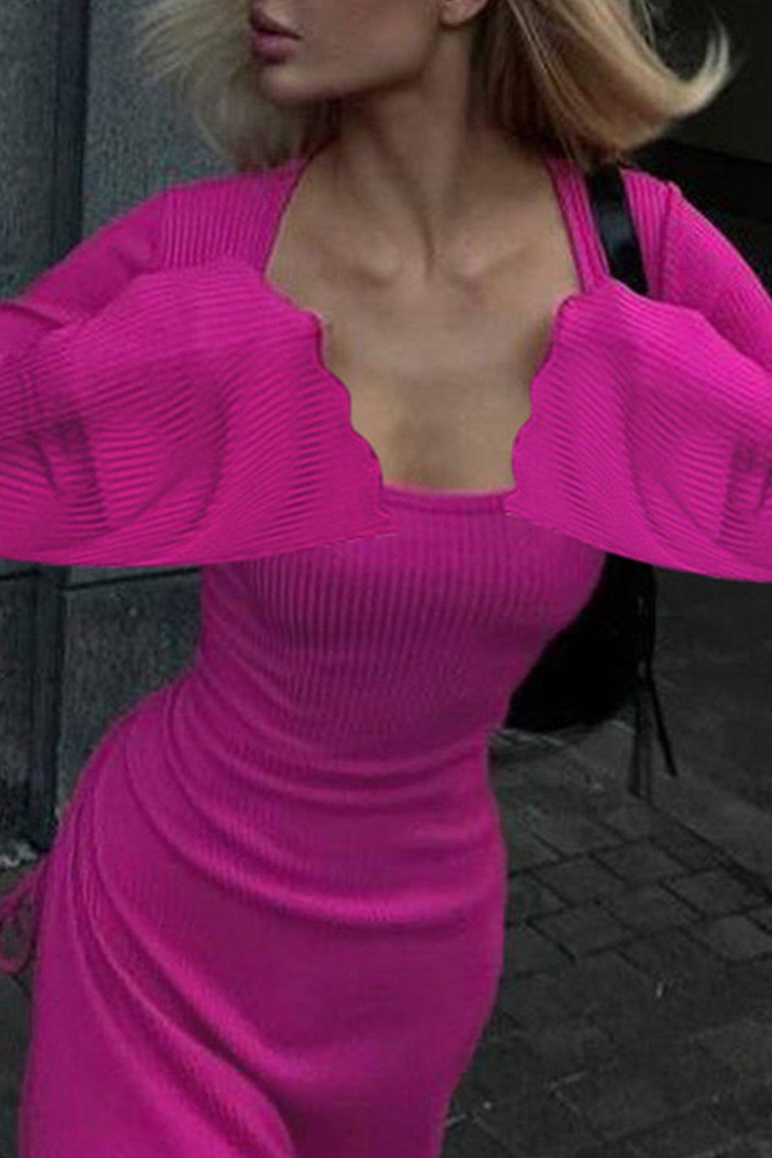 Ribbed Flares Sleeve Tie-back Dress Rose · M