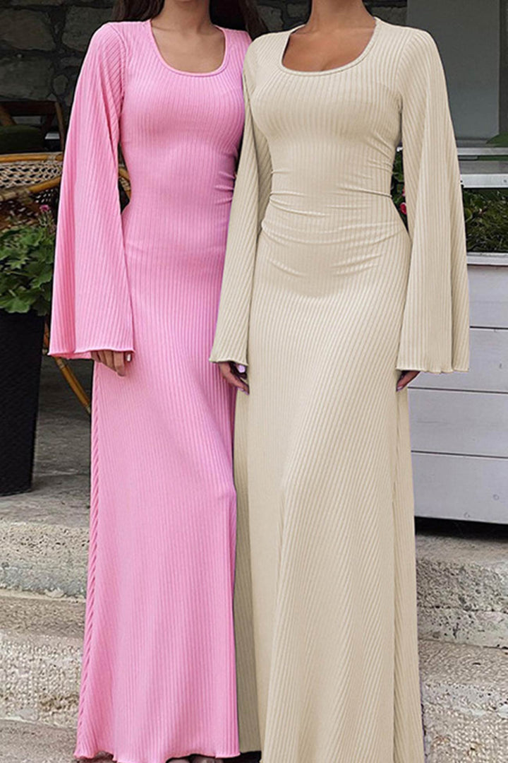 Ribbed Flares Sleeve Tie-back Dress Beige · L