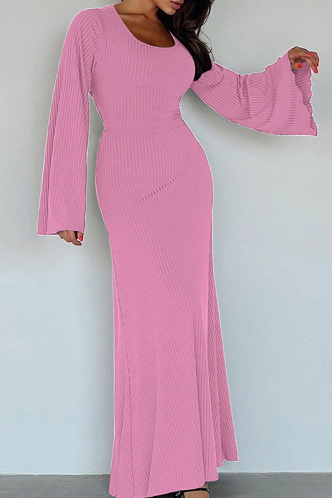 Ribbed Flares Sleeve Tie-back Dress Pink · L