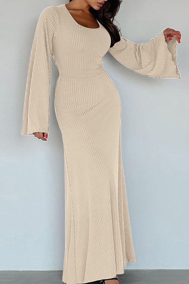 Ribbed Flares Sleeve Tie-back Dress Beige · M