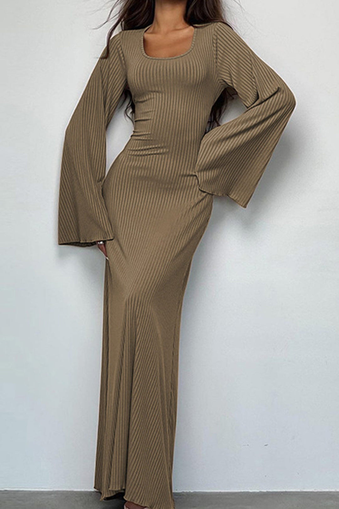 Ribbed Flares Sleeve Tie-back Dress Khaki · S