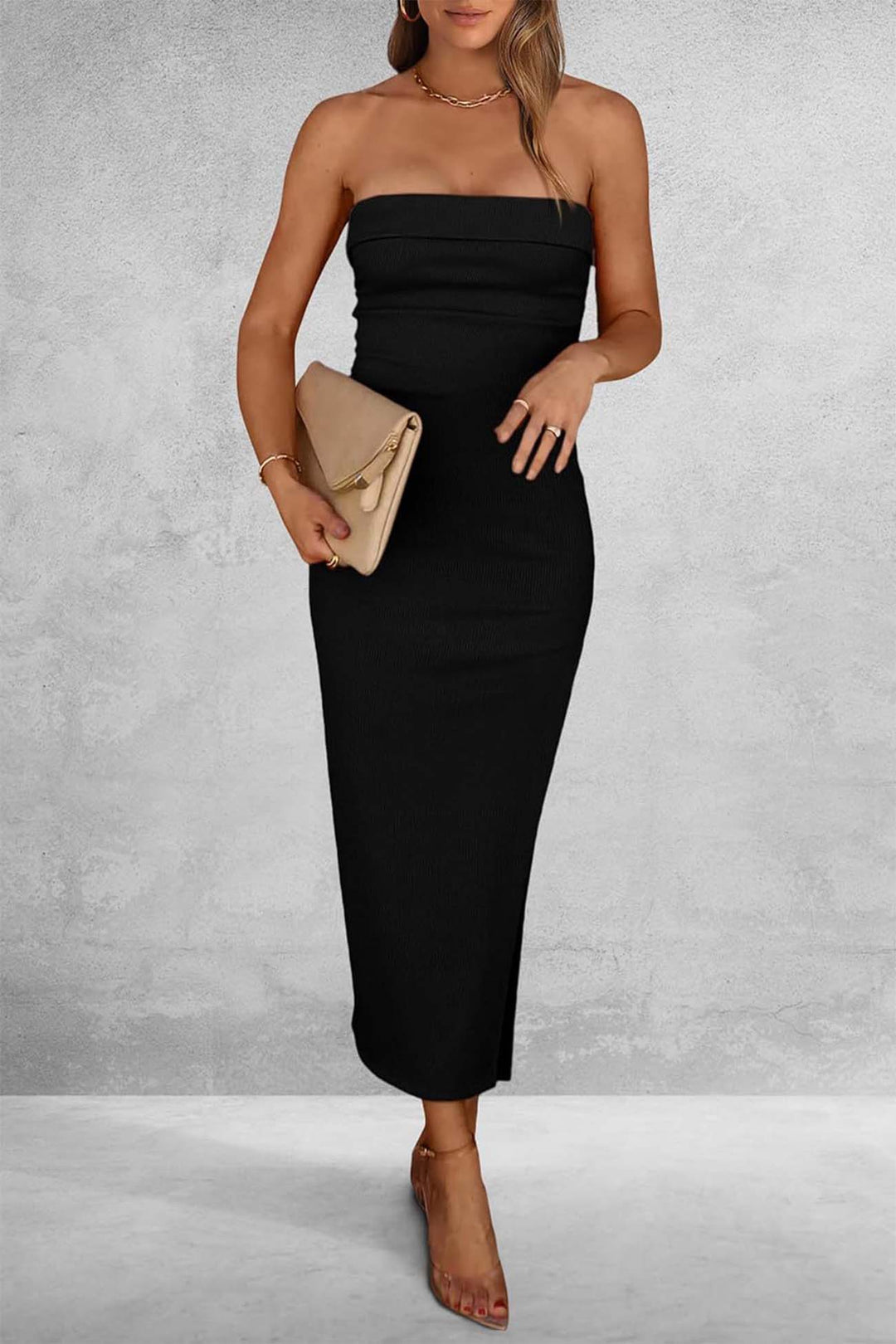 Ribbed Strapless Slit Midi Dress Dark Blue · XL