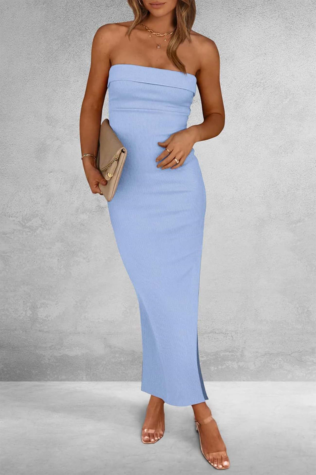 Ribbed Strapless Slit Midi Dress Rose · L