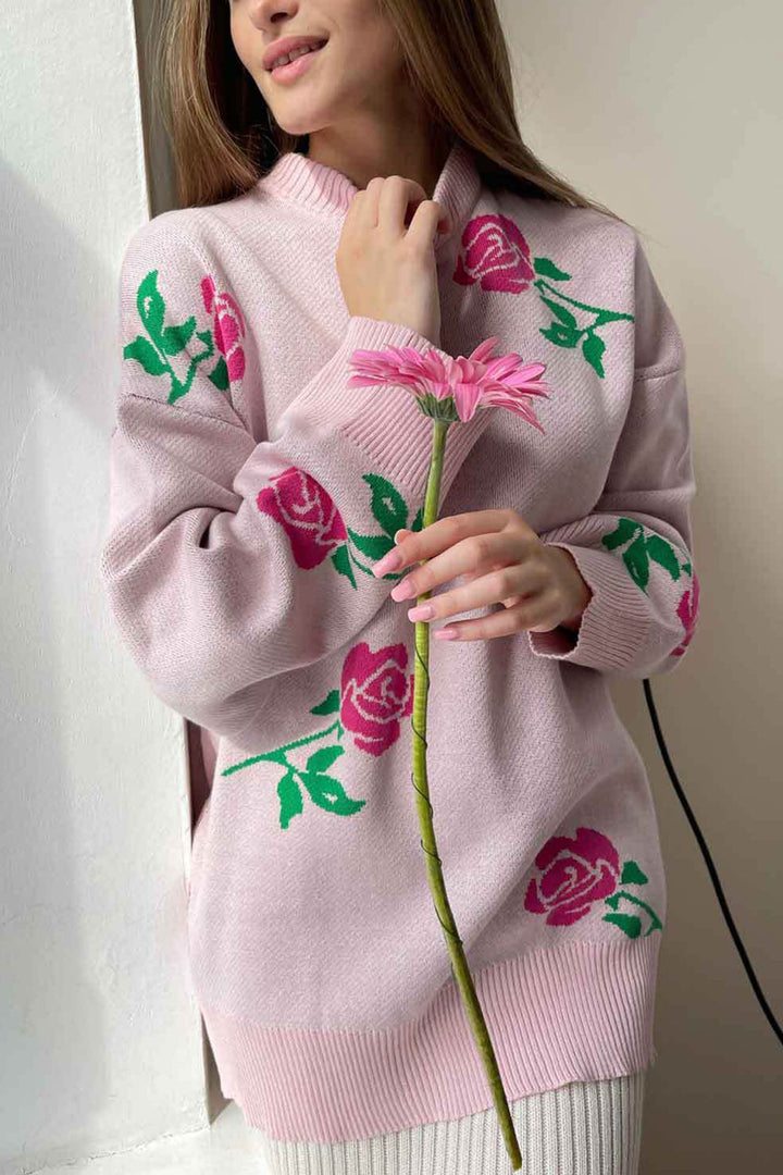 Rose Round Neck Pullover Sweater Pink · S