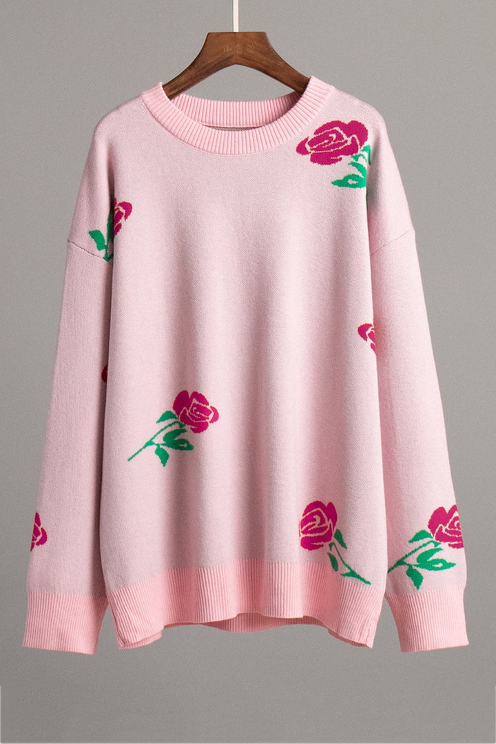 Rose Round Neck Pullover Sweater Pink · M