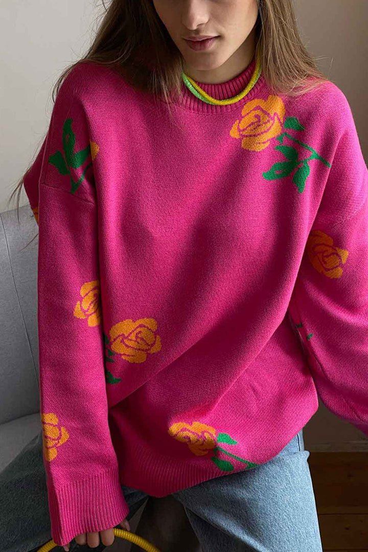Rose Round Neck Pullover Sweater Pink · L
