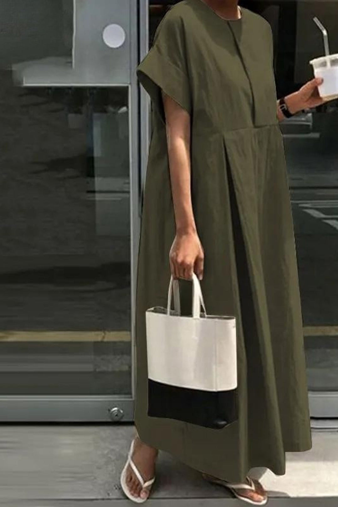 Round Neck Cotton Linen Maxi Dress Khaki · M