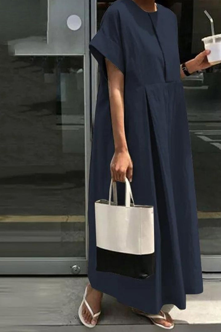 Round Neck Cotton Linen Maxi Dress Khaki · L