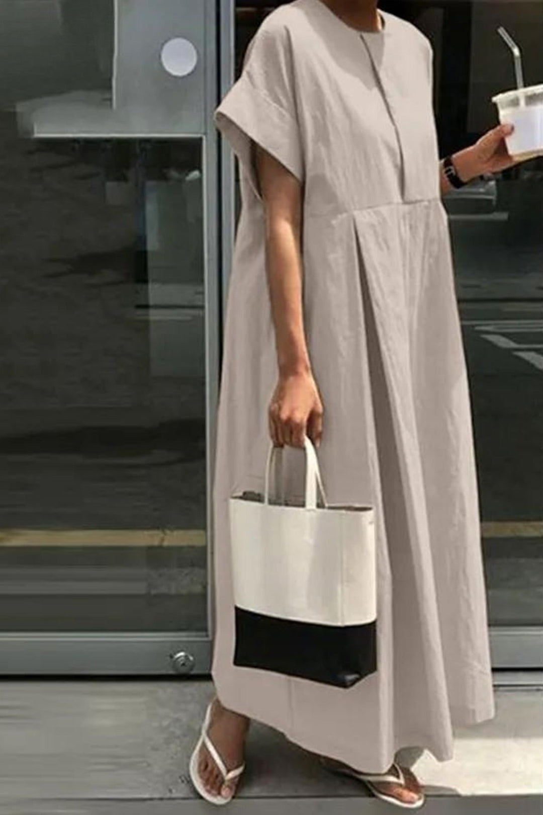 Round Neck Cotton Linen Maxi Dress Khaki · S
