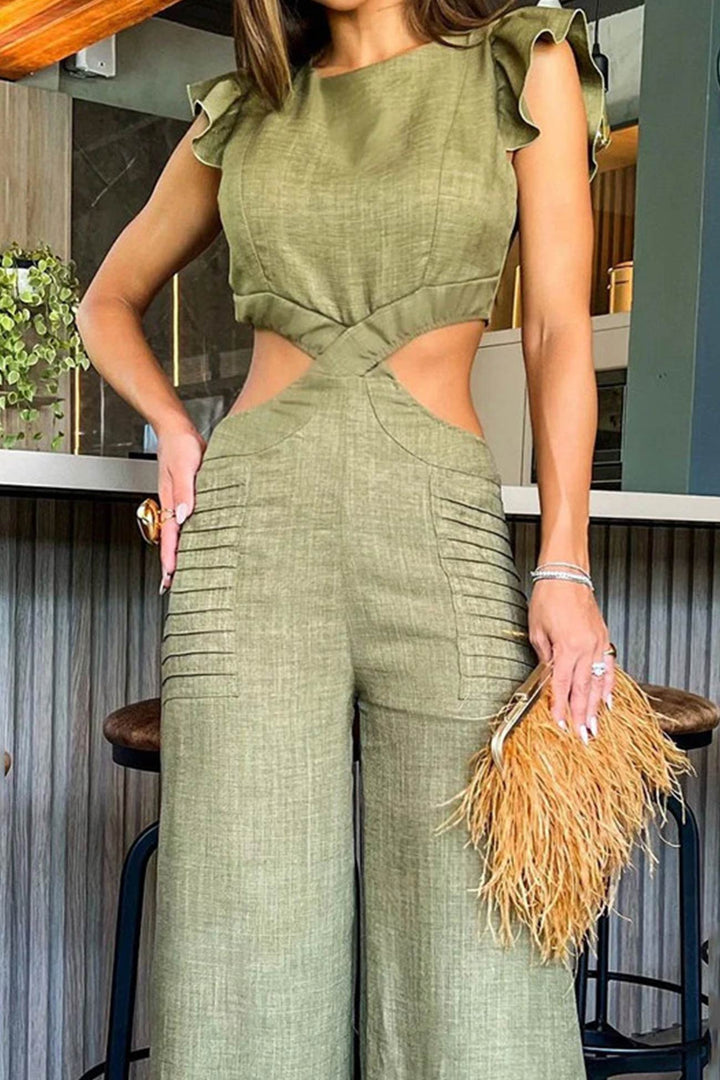 Ruffle Sleeveless Cutout Jumpsuits Green · S