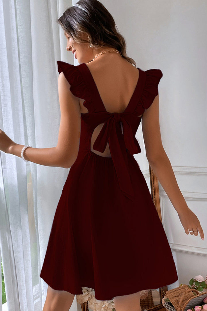 Ruffle Sleeveless Tie-back Mini Dress Dark Green · L
