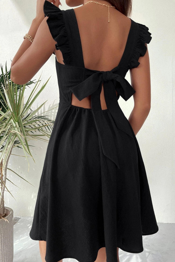 Ruffle Sleeveless Tie-back Mini Dress Wine Red · M