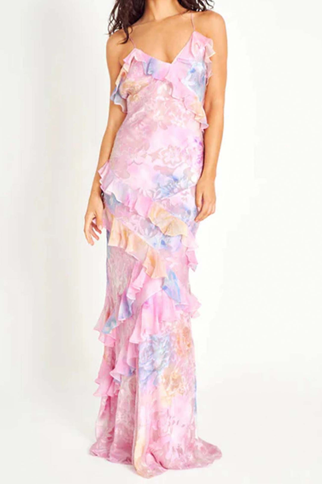 Ruffled Spaghetti Strap Backless Maxi Dress Yellow · L