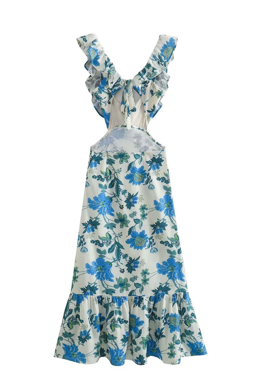 Ruffled Cutout Floral Printed Lace Up Dress Blue · XS