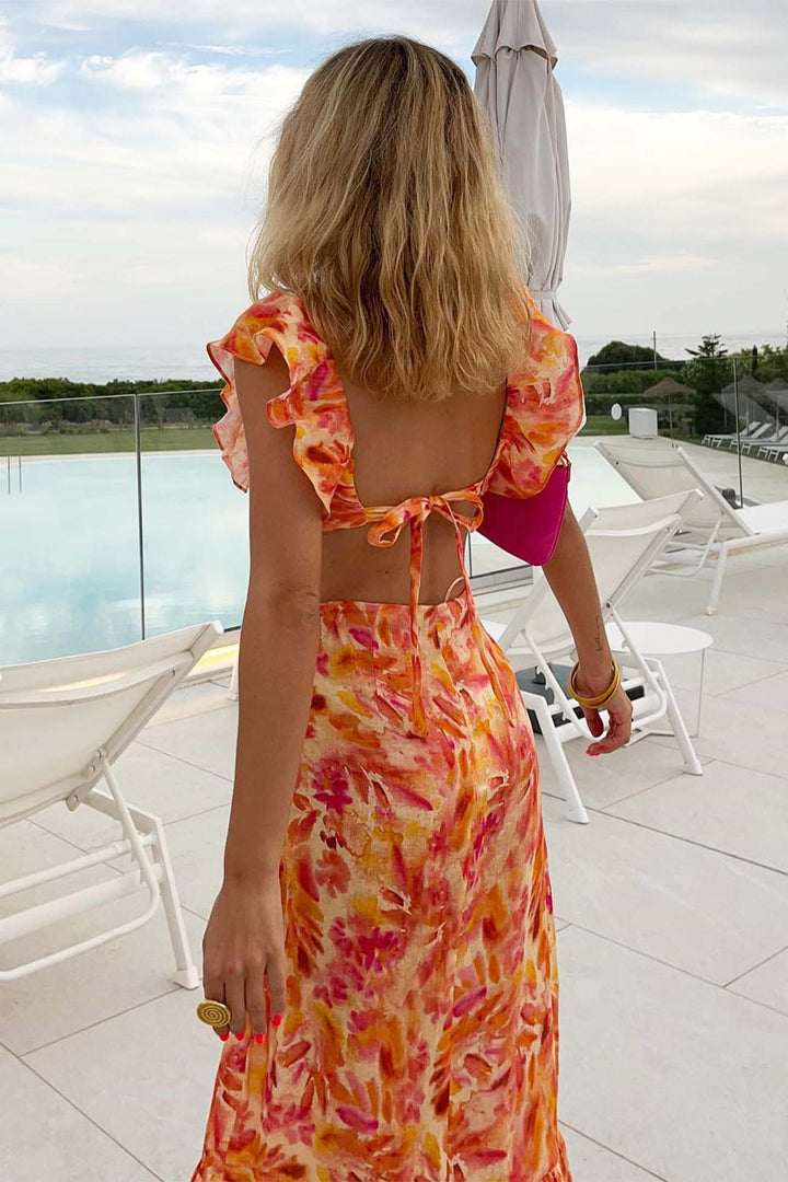 Ruffled Cutout Floral Printed Lace Up Dress Orange · XS