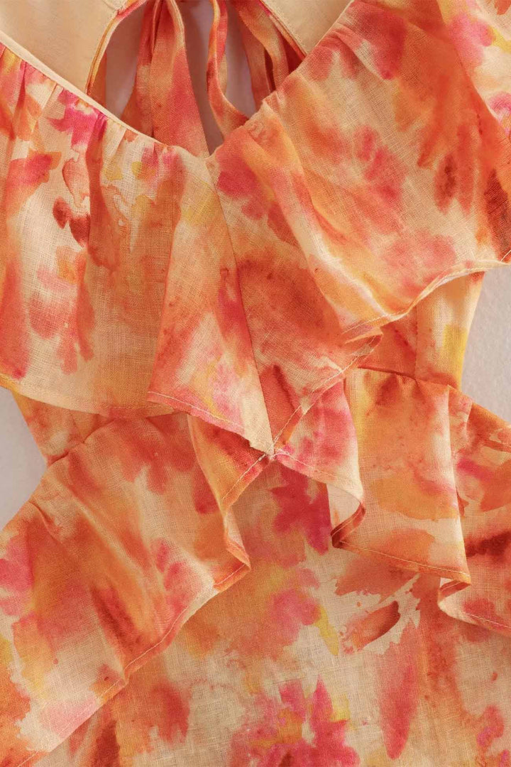 Ruffled Cutout Floral Printed Lace Up Dress Blue · L