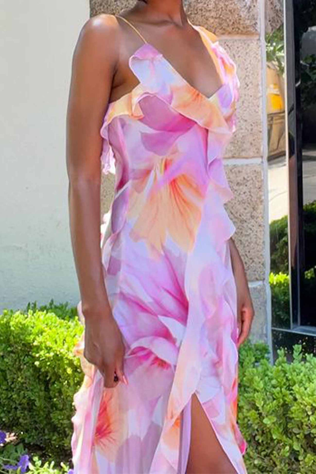 Ruffled Floral Printed Backless Cami Dress Floral · M