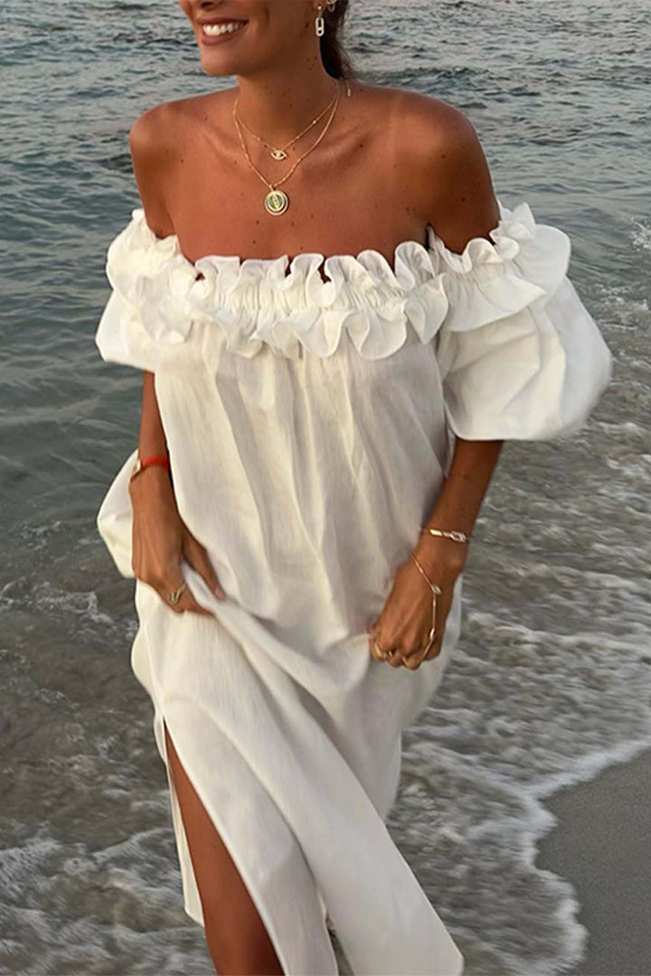 Ruffled Off Shoulder Puff Sleeve Slit Dress