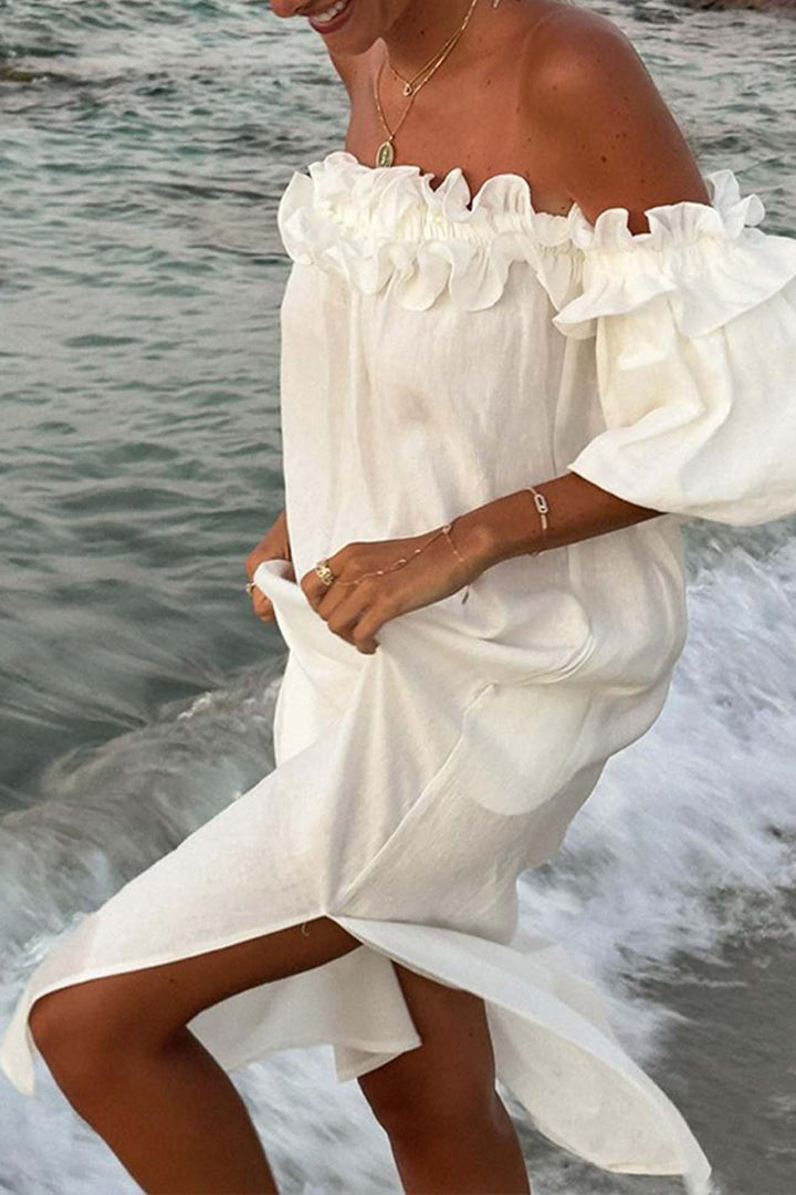 Ruffled Off Shoulder Puff Sleeve Slit Dress White · S