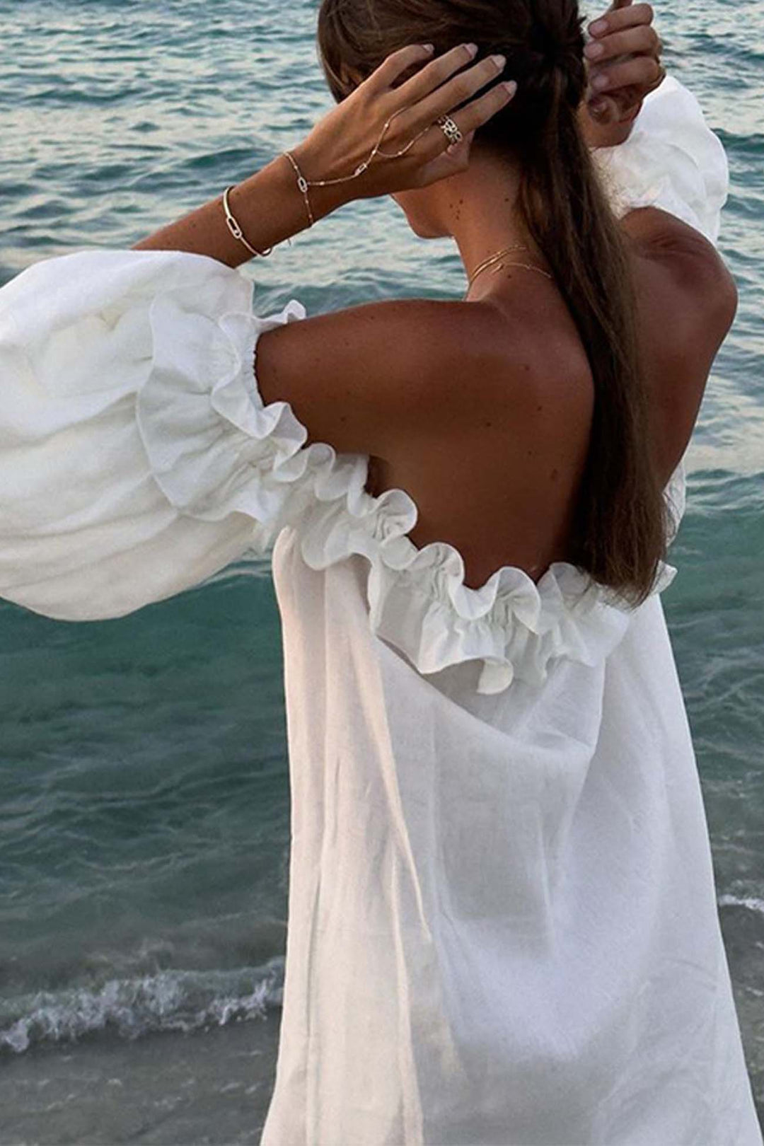 Ruffled Off Shoulder Puff Sleeve Slit Dress White · M