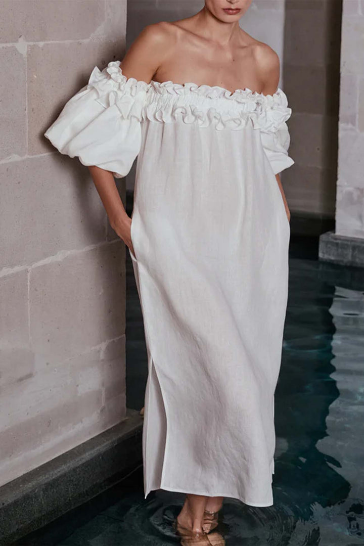 Ruffled Off Shoulder Puff Sleeve Slit Dress White · L