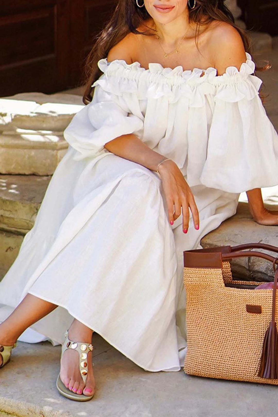 Ruffled Off Shoulder Puff Sleeve Slit Dress White · XL