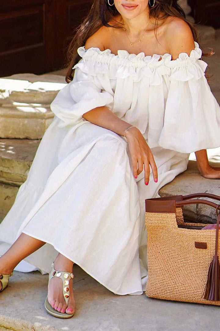 Ruffled Off Shoulder Puff Sleeve Slit Dress White · XL