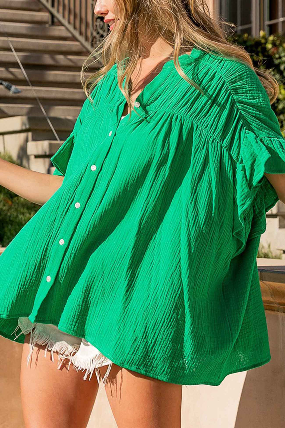 Ruffled Shirring Button Down Blouse Green · M