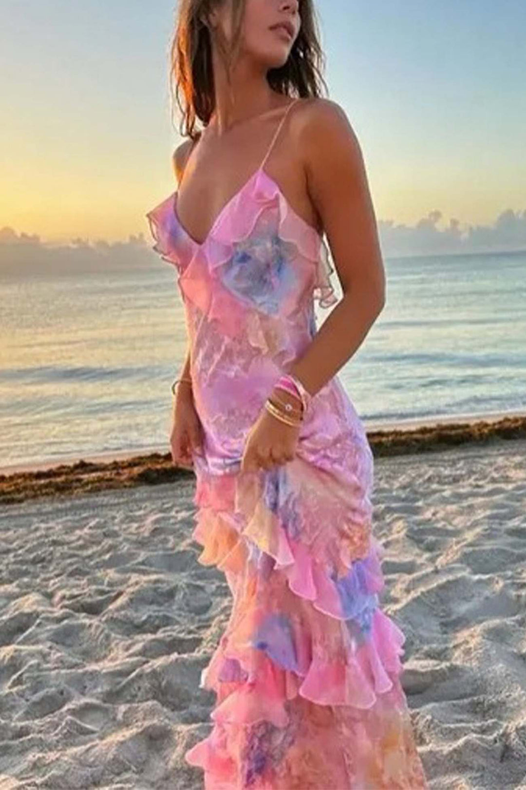Ruffled Spaghetti Strap Backless Maxi Dress Pink · S