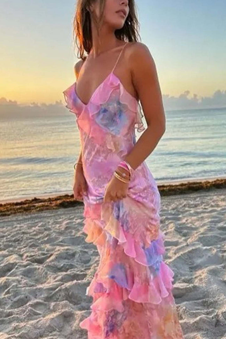 Ruffled Spaghetti Strap Backless Maxi Dress Pink · S