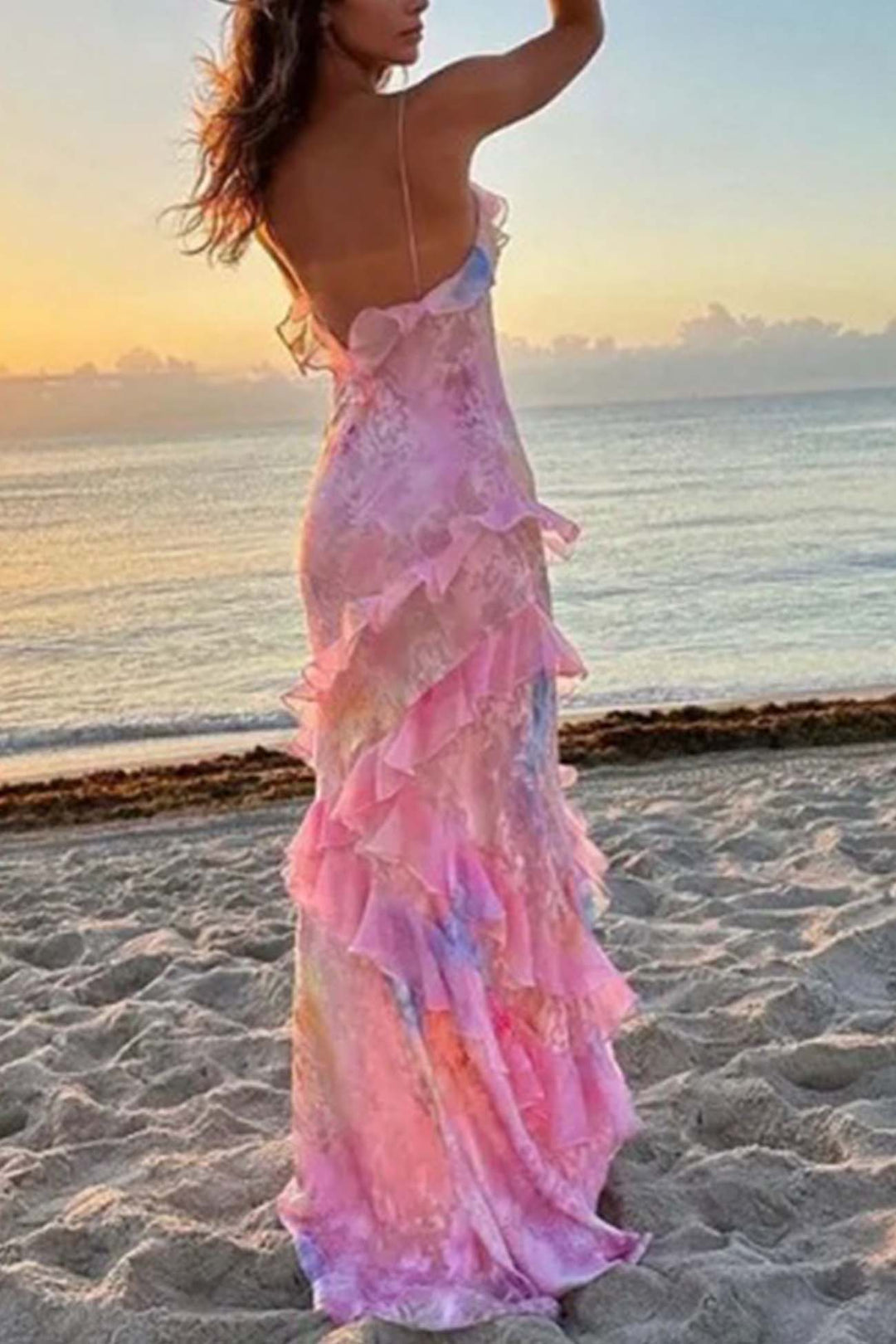Ruffled Spaghetti Strap Backless Maxi Dress Pink · M