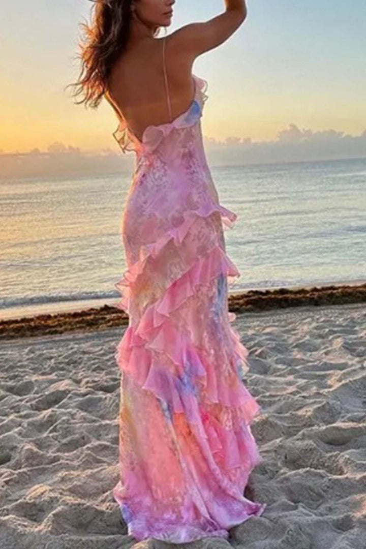 Ruffled Spaghetti Strap Backless Maxi Dress Pink · M