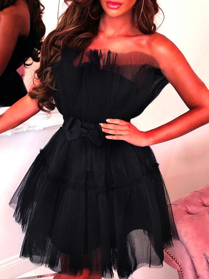 Bow Decor Layered Tulle Cocktail Dress Black / XL
