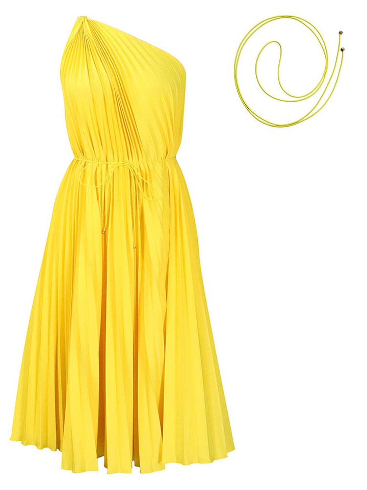 One Shoulder Pleated Dress Yellow / XL