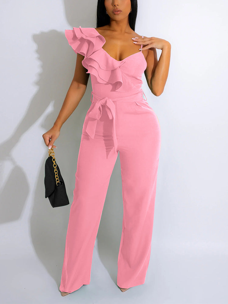 Ruffle Belted Wide Jumpsuit Black / S