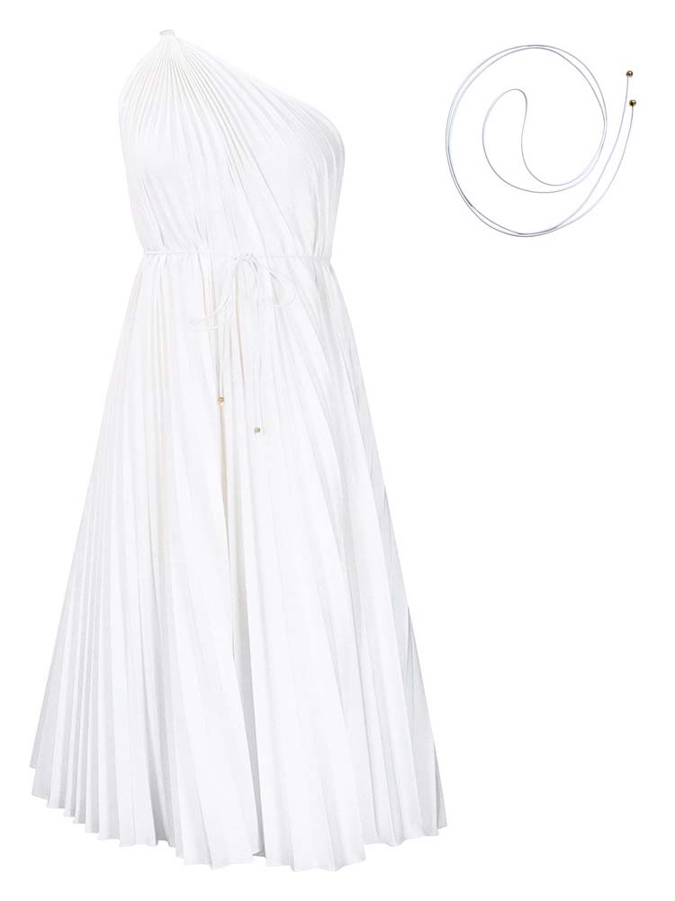 One Shoulder Pleated Dress Green / L