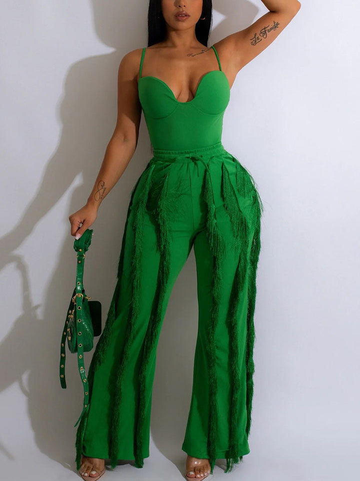 Spaghetti Strap Top Fringe Pants Set Green / S