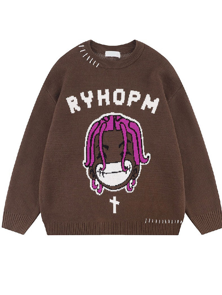 Graphic Print Knit Sweater Brown / L
