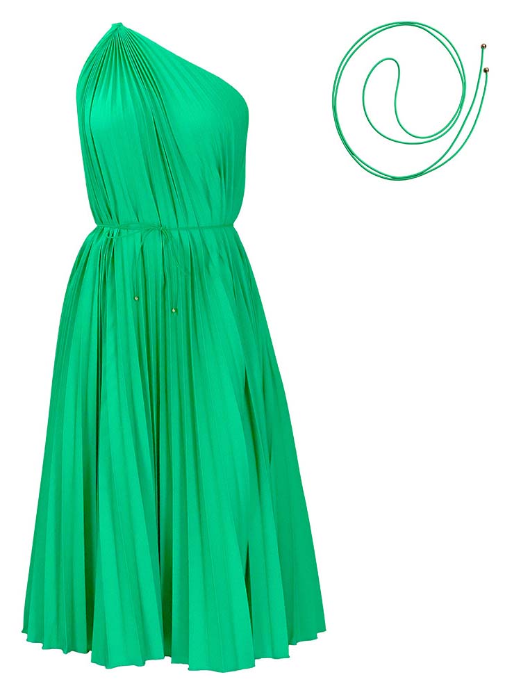 One Shoulder Pleated Dress Green / S