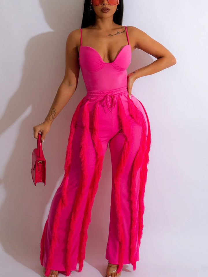 Spaghetti Strap Top Fringe Pants Set Rose / XL