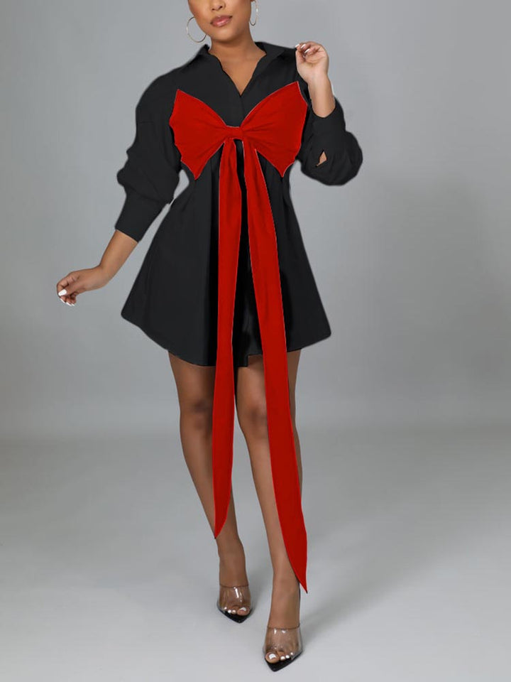 Patchwork Lace Up Shirt Dress Black Red / L